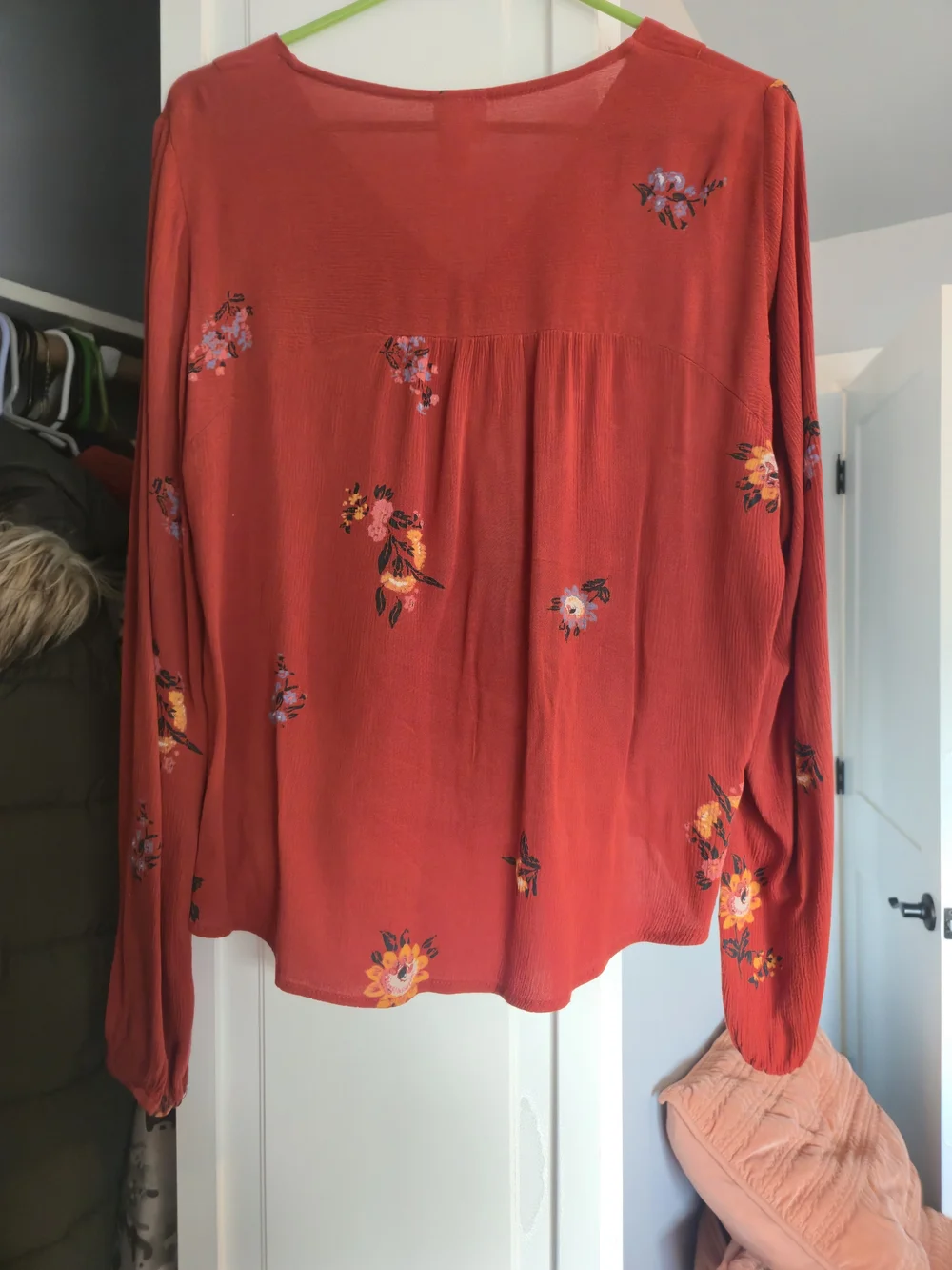 Rust Floral Wrap Blouse - Women's V-Neck Long Sleeve Top